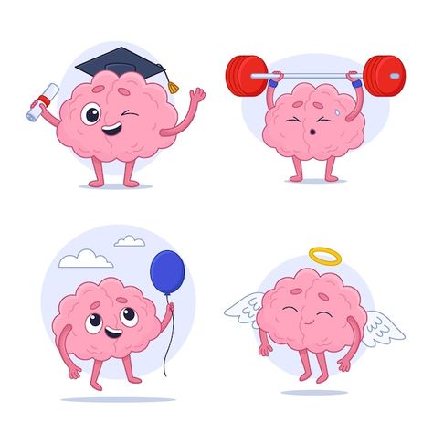 Set of cute cartoon human brain characte... | Free Vector #Freepik #freevector Brain Character Design, Brain Doodle, Brain Character, Brain Cartoon, Cartoon Brain, Brain Vector, Brain Illustration, Brain Book, Cartoon Food