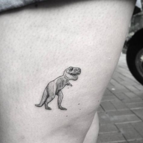 Small Dinosaur Tattoo, Small Tattoos Arm, Rex Tattoo, T Rex Tattoo, Dinosaur Tattoo, Tattoo Dotwork, Dinosaur Tattoos, Female Tattoos, Tattoo Convention