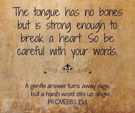 The tongue has no bones but is strong enough to break a heart.  so be careful with your words.  A gentle answer turns away rage, but a harsh word stirs up anger.  Proverbs 15:1 Now Quotes, Harsh Words, Life Quotes Love, Les Sentiments, Quotable Quotes, A Quote, Powerful Words, Great Quotes, Proverbs