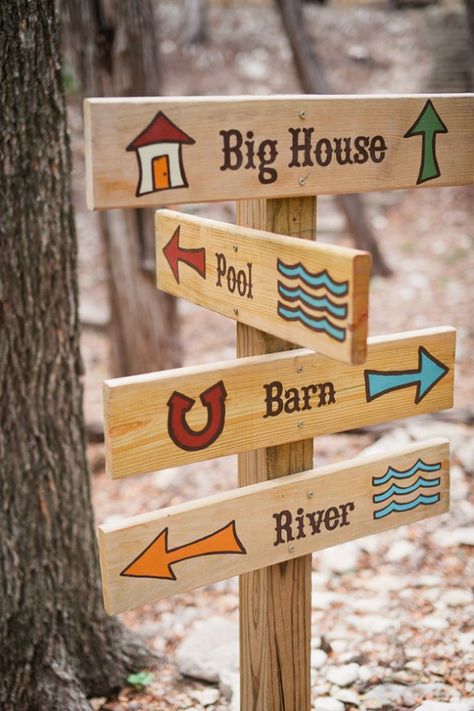 Camp Directional Signs Camp Signage, Summer Camp Style, Chic Table Decor, Wedding In The Rain, Rain Wedding, Camping Theme Party, Rustic Wedding Chic, Camping Signs, Rustic Wedding Signs