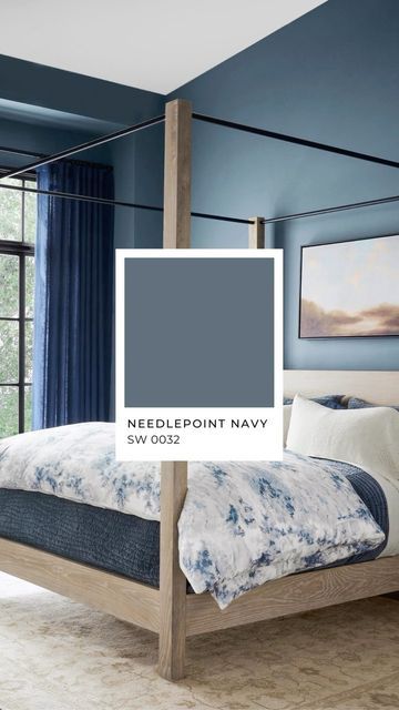 Pottery Barn on Instagram: "Make a bold statement with Needlepoint Navy (SW 0032) by @sherwinwilliams. This beautiful blue adds interest and depth to any space. P.S. Get $15 off your paint purchase of $75 or more at the link in bio!" Pottery Barn Bedroom Master Blue, Navy Blue Bedroom Farmhouse, Navy Blue Statement Wall, Navy Blue Master Bed Accent Wall, Bedrooms With Blue Accent Wall, Dark Accent Wall Bedroom Navy Blue Paint Colors, Navy Primary Bedroom, Navy Blue Guest Bedroom, Navy Guest Room