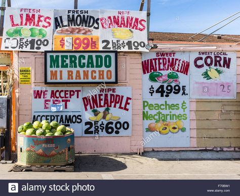 Download this stock image: Colorful market signs on the side of the building advertising the prices for fruits and vegetables in Salinas, California. - F70BW1 from Alamy's library of millions of high resolution stock photos, illustrations and vectors. Building Advertising, Salinas California, Farmers Market Sign, Price Signs, Market Sign, Farm Market, The Building, On The Side, Fruits And Vegetables