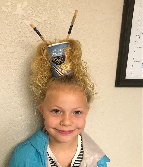 Turn your blond curly hair into ramen noodles for wacky hair day, crazy hair day, wild hair day, etc. Whacky Hair Day, Noodle Hair, Easter Hairstyles For Kids, Wacky Hair Days, Hairstyles Kids, Crazy Hair Day, Wacky Hair, Crazy Hair Day At School, Easter Hair Bow