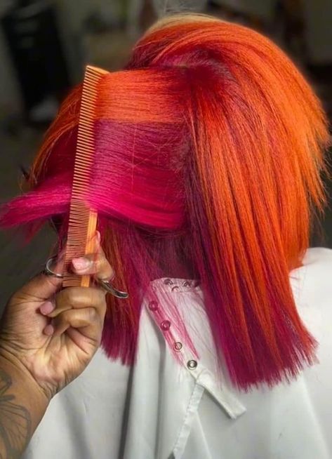 Sunset Hair Color Black Women, Dimensional Color Hair, Splat Hair Dye Ideas, 2 Tone Hair Color Ideas For Short Hair, Sunset Hair Color, Wigs Ideas, Color Block Hair, Sunset Hair, Colored Weave