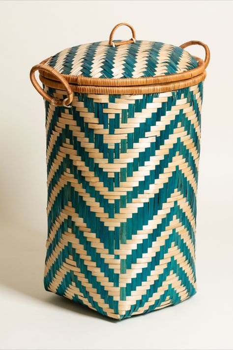 Oliver Bonas’s bamboo laundry basket comes in bright shades of blue or yellow. £49.50, oliverbonas.com Bamboo Diy, Sac Tote Bag, Blue Bamboo, Basket Weaving Patterns, Colorful Planters, Bamboo Art, Bamboo Crafts, Bamboo Weaving, Bamboo Basket