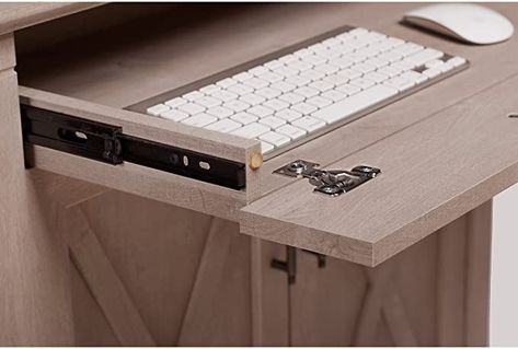 Desk With Keyboard Drawer, Office Modern Farmhouse, Hidden Home Office, Modern Farmhouse Desk, Keyboard Drawer, Home Office Closet, Sewing Desk, Office Closet, Desk With Keyboard Tray