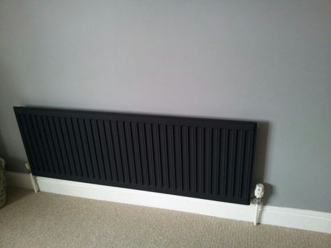 Painted black radiator, dead flat grey walls Flat Radiators, Wall Radiators, Radiators Living Room, Black Radiator, Painted Radiator, Narrow Hallway Ideas, Black Radiators, Hallway Inspiration, Narrow Hallway Decorating