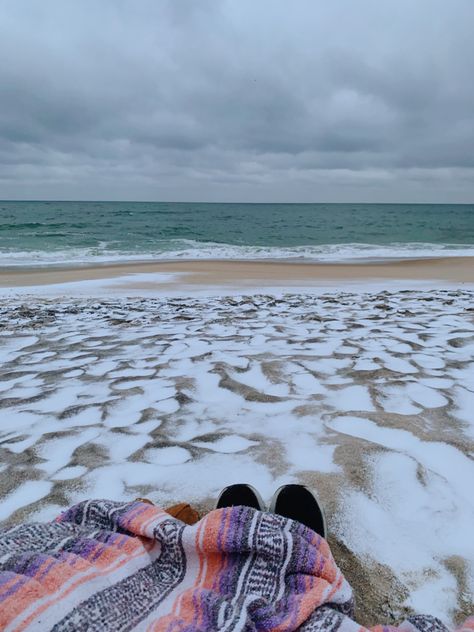 Beach House In Winter, Snowing On The Beach, The Beach In Winter, Christmas Beach Aesthetic, Fall On The Beach, Beach During Winter, Snowy Beach Aesthetic, Cold Beach Day Outfit Winter, Snow On A Beach