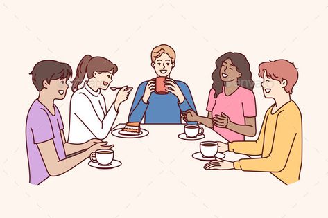 Group of Multiethnic Colleagues Drink Coffee Drinking Coffee Drawing, Drinking Coffee Illustration, Cartoons Eating, Group Drawing, People Drinking Coffee, Minimal Drawing, Sitting At Table, Minimal Drawings, Friends Illustration