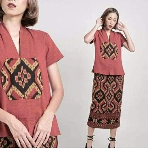 Blouse Tenun Kombinasi, Model Dress Tenun, Ethic Dress, Model Dress Batik, Fashion Sewing Projects, Dress Muslim Modern, Batik Dress Modern, Batik Clothing, Batik Kebaya