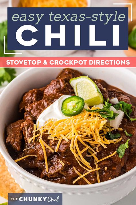 Texas Chili Recipe No Beans, Chunky Beef Chili Recipe, Meaty Chili Recipe, Texas Style Chili Recipes, Steak Chili Recipe, Beanless Chili Recipe, Texas Chili Recipe, Texas Style Chili, Homemade Chili Recipe