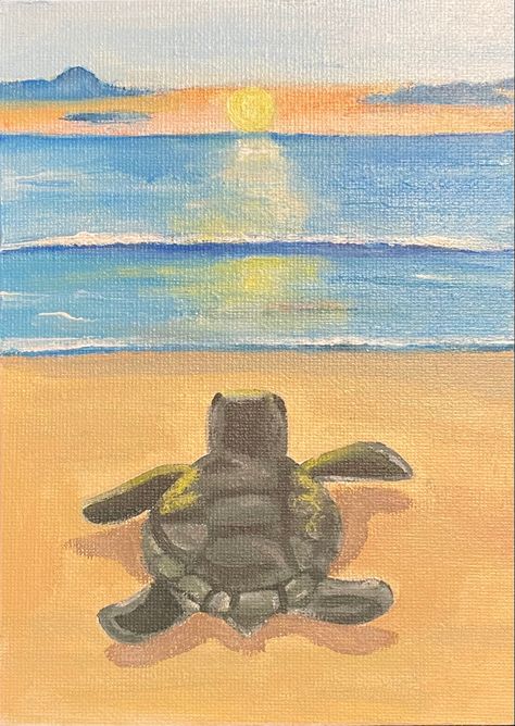 Sea Turtle Painting Acrylic Easy, Painting Animals Easy, Turtle Painting Ideas, Easy Turtle Drawing, Turtle Painting Acrylic, Sea Turtle Painting, Cute Easy Paintings, Wave Drawing, Beach Drawing