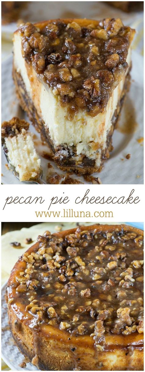 Pecan Pie Cheesecake has a wafers crust, pecan pie filling, cheesecake layer and buttery, caramel-pecan topping. It is perfectly indulgent!!#pecanpiecheesecake #cheesecake #pecanpie #pecan #cheesecakerecipe Cheesecake Pecan, 600lb Life, Christmas Cheesecake Recipes, Pecan Pie Cheesecake Recipe, Thanksgiving Cheesecake, Sweet Deserts, Vanilla Wafer Crust, Dessert Catering, Pecan Pie Cheesecake