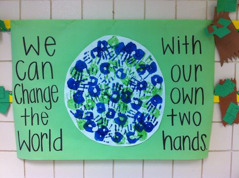 earth day handprint activity.. made this with my second graders today! : ) Handprint Activity, Earth Activities, Peter Green, Prek Crafts, Recycling Activities, April Activities, Earth Week, Earth Day Projects, April Crafts