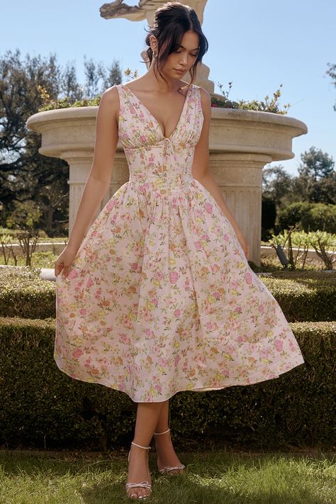 House of CB | Womenswear designed in London. Sundresses Women, Midi Sundress, Empire Waistline, Floral Sundress, Midi Dress Party, Plunge Neckline, Pink Midi Dress, Inspired Dress, Floral Midi Dress