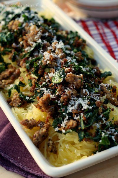 Spaghetti Squash w/ Kale & Sweet Italian Sausage Spaghetti Squash Recipes Chicken, Italian Sausage Spaghetti, Spaghetti Squash Recipes Vegan, Sausage And Spaghetti Squash, Zucchini Zoodles, Spaghetti Squash Recipes Healthy, Spaghetti Squash Recipes Easy, Sausage Kale, Sausage Spaghetti