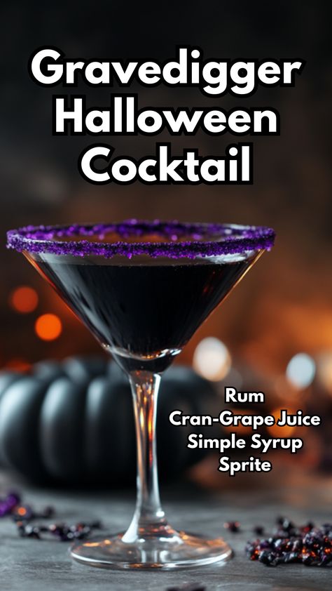 The Gravedigger Halloween Cocktail is a spooky and delicious drink that combines the bold flavors of rum with the fruity blend of Cran-Grape juice. Topped with Sprite for a refreshing fizz and enhanced with a touch of black food coloring, this eerie cocktail is perfect for Halloween celebrations. The purple sugar rim adds a festive and striking visual touch, making it a must-try for your next spooky gathering.  #gravediggerhalloweencocktail #halloweencocktails via @mybartender Halloween Food Dinner, Halloween Cocktail, Twisted Recipes, Rum Cocktails, Witch's Brew, Halloween Cocktails, Diy Halloween Projects, The Chew, Large Crowd