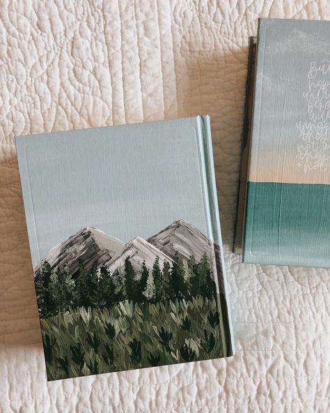 Painted Bible Cover Mountains, Painting On A Book Cover, Painted Bible Mountains, Painting On Journal Cover, Painting A Bible Cover, Bible Art Cover, Painted Journal Covers Notebooks, Bible Covers Painted, Bible Verse Acrylic Painting