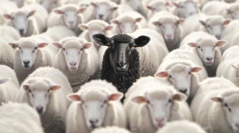 The image shows a flock of white sheep with one black sheep in the middle. The black sheep stands out from the rest of the flock, symbolizing individuality and nonconformity ->> more details in ai-img-gen.com The Black Sheep, Being Different, Black Sheep, Living Room Paint, Room Paint, In The Middle, The Middle, The Black, Sheep