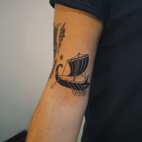 Greek Boat Tattoo, Archaeology Inspired Tattoos, Greek Ship Tattoo, Iliad Tattoo, Greek Aesthetic Tattoo, Odysseus Tattoo, Greek Inspired Tattoos, Tattoos Torso, Jewlery Tattoo