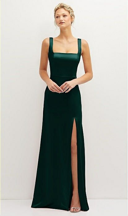 Square-neck Satin A-line Maxi Bridesmaid Dress With Front Slit In Evergreen | The Dessy Group Silk Dress Square Neck, Long Green Satin Dress, Thick Strap Dress Formal, Vintage Inspired Bridesmaid Dresses, Square Neck A Line Dress, Prom Dress Square Neckline, Green Black Tie Dress, Square Neck Dress Formal, Emerald Green Dress Formal