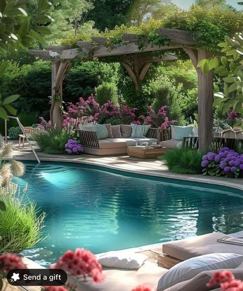 Pool And Garden Backyard, Aesthetic Backyard With Pool And Garden, Swimming Pool Seating Area, Backyard Pool Garden, Traditional Backyard Ideas, Outdoor Natural Pool, Backyard Garden With Pool, Backyard With Pool And Garden, Landscape Pool Ideas