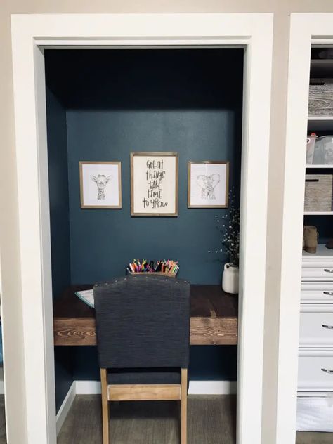 Home Office In A Closet – For Kids Turn Small Closet Into Office, Home Office In A Closet Ideas, Coat Closet Turned Office, Tiny Closet Office, Closet Into Office, Office In Closet, Office In A Closet, Closet For Kids, Closet Turned Office