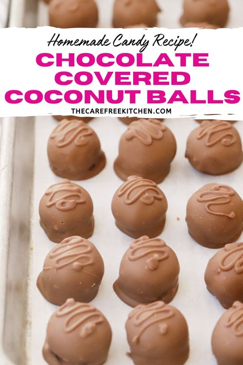 These Chocolate Covered Coconut Balls are creamy, chewy, chocolatey and easy enough to prepare in your very own kitchen.  They make an impressive addition to your cookie plate during the holiday season and are often the first thing to disappear!   #thecarefreekitchen #dessert #snack #chocolate #coconut #candy Chocolate Covered Coconut Balls, Chocolate Coconut Candy, Chocolate Covered Coconut, Snack Chocolate, Fruit Dips, Christmas Baking Gifts, Chocolate Covered Cookies, Easy Candy Recipes, Cookies Gift