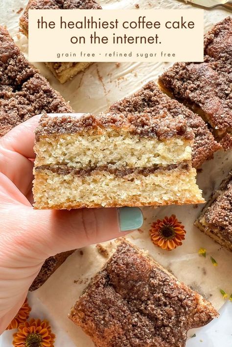 Buttery, moist, cinnamon coffee cake swirled with a spiced-sugary filling, topped with crunchy streusel, and sprinkled with a plot twist? NO butter, NO refined sugar, and grain free. Yes, friend! This Healthy Starbucks Coffee Cake recipe is made with good for you, natural ingredients like almond flour, greek yogurt, avocado oil, eggs, and cozy natural sweeteners like cinnamon and maple syrup! #healthysnack #grainfreerecipes #starbucksrecipe #coffeecake #unusualcakes #glutenfreecake #dairyfree Paleo Cinnamon Coffee Cake, Grain Free Vegan Cake, Almond Flour Cinnamon Coffee Cake, Coffee Cake With Almond Flour, Healthy Cinnamon Dessert Recipes, Buckwheat Coffee Cake, Grain Free Coffee Cake, Coffee Cake With Greek Yogurt, Healthy Cinnamon Coffee Cake