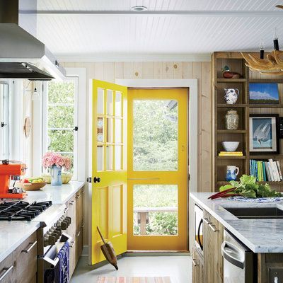 Cottage Tour, Michigan Cottage, Yellow Front Doors, Natural Stone Fireplaces, Yellow Door, Cottage Renovation, Cottage Style Decor, Natural Curiosities, Dining Room Combo