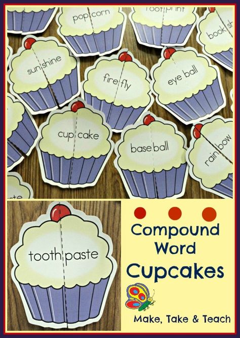 Fun literacy center activity for learning compound words.  48 colorful cupcakes! Compound Words Activities, Literacy Games, Compound Words, Word Sorts, First Grade Reading, English Activities, Classroom Language, Teaching Literacy, Word Activities