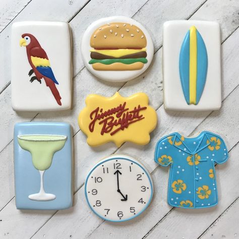 Jimmy Buffett, cheeseburger in paradise, parrot head, Five O'clock somewhere, Margaritaville Cheeseburger In Paradise Party Ideas, Jimmy Buffett Cookies, Margaritaville Cookies Decorated, Jimmy Buffet Cookies Decorated, Jimmy Buffet Birthday Party, Jimmy Buffet Bachelorette Party, Margaritaville Retirement Party, Jimmy Buffett Party Ideas, Margaritaville Birthday Party