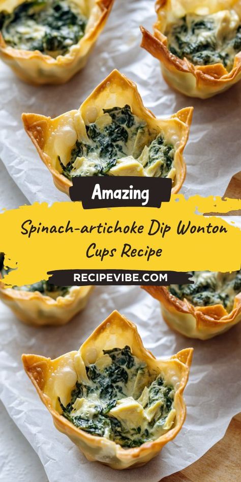 Looking for a crowd-pleasing appetizer that’s both delicious and easy to make? This Spinach-Artichoke Dip Wonton Cups Recipe is the perfect solution for your next gathering! Save this recipe for an unforgettable party treat that will have everyone coming back for more. Recipes For Wonton Wrappers, Spinach Artichoke Wonton Cups, Easy Wonton Recipes, Wonton Wrapper Recipes Appetizers, Wonton Cups Appetizers, Finger Foods For Parties, Wonton Recipe, Wonton Appetizers, Spinach Artichoke Dip Easy