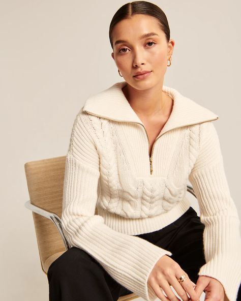 Women's Merino Wool-Blend Cable Half-Zip | Women's New Arrivals | Abercrombie.com Cable Knit Quarter Zip, Half Zip Outfit, Half Zip Sweater Outfit, Zip Sweater Outfit, Abercrombie And Fitch Outfit, Fashion For Winter, Paris Vogue, Tops Pattern, Crochet Cable