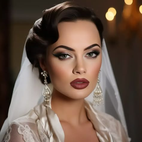 Wedding Makeup Ideas Makeup For Black Wedding Dress, 1920s Makeup Wedding, October Wedding Makeup Brides, Bridal Makeup Old Hollywood, High Glam Wedding Makeup, Vintage Glam Wedding Makeup, Vintage Wedding Makeup Bridal Looks Make Up Hollywood Glamour, Old Hollywood Glamour Wedding Makeup, Bold Bridal Makeup