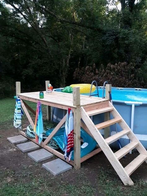 Simple, easy deck for pool. Cheap Pool Deck Ideas, Pool Area Decor, Deck Decor Ideas, Pool Deck Decor, Pool Party Decor, Small Backyard Pool, Inground Pool Landscaping, Pool Deck Plans, Cheap Pool