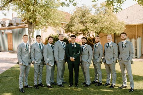 Green Groom Suit Grey Groomsmen, Dark Green Groom Suit Grey Groomsmen, Green Groom Gray Groomsmen, Dark Grey Suit Green Tie, Green And Grey Groomsmen, Dark Green Groomsmen Suits, Olive Green Groomsmen Attire, Dark Green Groomsmen Attire, Green Groomsmen Suits