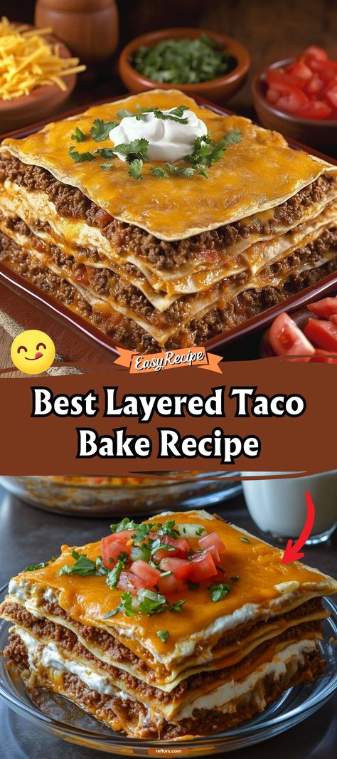 Unwrap layers of deliciousness with our Layered Taco Bake, a fun twist on taco night that stacks tortillas, seasoned ground beef, and plenty of cheese in one delightful dish. It's a crowd-pleaser that's as fun to make as it is to eat. #TacoBake #FunDinner #TacoNight Stacked Taco Bake, Mexican Dinners With Ground Beef, Layered Taco Pie With Tortillas, Upside Down Taco Bake, Dutch Oven Taco Casserole, Twice Baked Crispy Cheesy Taco Rice Casserole, Taco Layered Casserole, Taco Tortilla Casserole, Layered Tortilla Casserole