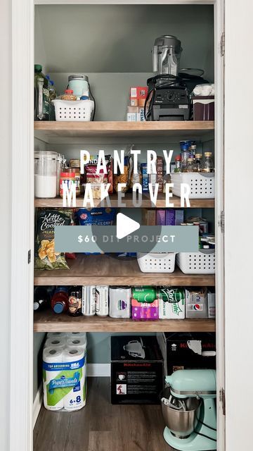 Amanda Vernaci | Come Stay Awhile on Instagram: "Our pantry was in desperate need of a makeover and for $60 I turned it into ✨ this ✨ . Sure, I could of gotten fancy clear containers to impress you BUT if I’m real… that just isn’t us. We will be lucky if we can keep it this clean for more than a few days 😂  . Materials: - 1 sheet of 1/2in sanded plywood - 2 1x2 pine - stain - paint . Easy peasy weekend project idea! What do you think?! So glad I decided to paint the ceiling! . . #pantryorganization #pantry #pantrygoals #pantrymakeover #homeorganization #diyhomeprojects #diyhome #diyhomeimprovement #ispyraddesign #floatingshelves #diyshelves #pantrystorage #organizationideas #homehacks #budgetfriendly" Pantry Shelving Paint Ideas, Pantry Cupboard Ideas Kitchen Organization Small Spaces, Food Pantry Makeover, Small Pantry And Cleaning Closet, Small Hallway Pantry, Wardrobe Turned Into Pantry, Pantry Painting Ideas, Update Small Pantry Closet, Laundry Room Turned Into Pantry