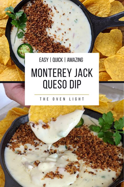 Easy Creamy Monterey Jack Queso | The Oven Light | Appetizers Queso Dip With Monterey Jack Cheese, Queso With Monterey Jack Cheese, Monterey Jack Queso Dip, Monterey Jack Queso, Monterrey Jack Cheese Recipes, Monterey Jack Cheese Sauce, Monterey Jack Recipes, Monterey Jack Cheese Dip, Monterey Cheese Recipes