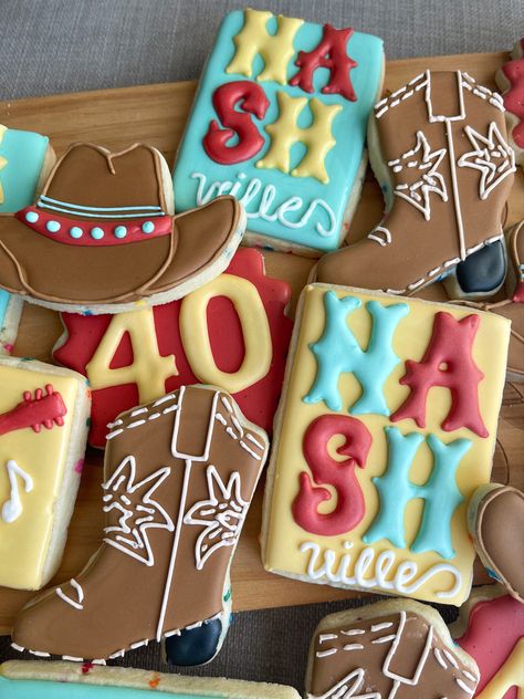 Decorated sugar cookies for nashville birthday/bachelorette Nashville Cookies Decorated, Nashville Cookies, Nashville Birthday, Nashville Bars, Decorated Sugar Cookies, Cookie Time, Cookie Inspiration, Fun Cookies, Birthday Cookies