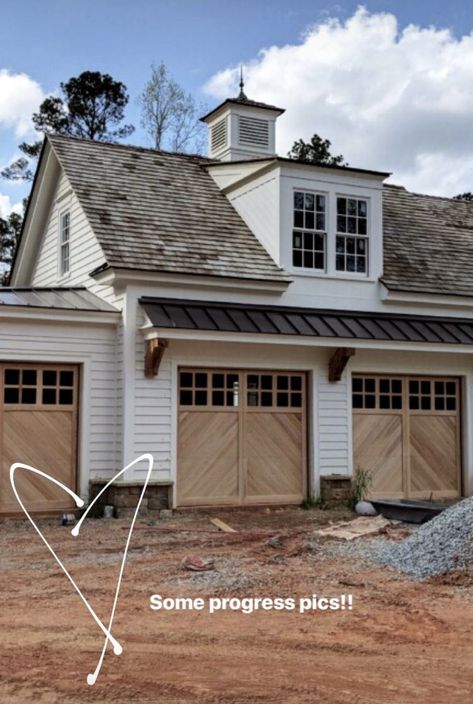 Garage Doors Farmhouse Style, Tan Garage Door Color Schemes, Garage Doors Ideas Curb Appeal, Garage Door Carriage Style, Roof Above Garage Doors, Metal Roof Over Garage Door, Modern Transitional Garage Door, Garage Pergola With Lights, Homes With Garage In Front Of House