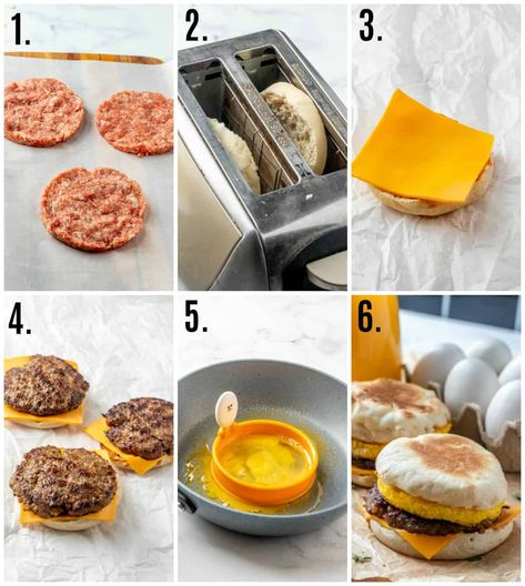 How To Make An Egg Mcmuffin At Home, Sausage Egg Cheese Mcmuffins, Sausage Egg And Cheese Mcmuffin, Breakfast Mcmuffins, Sausage Egg Mcmuffin, Egg Mcmuffin Recipe, Sausage And Egg Mcmuffin, Smoked Ham Recipe, Sausage Mcmuffin