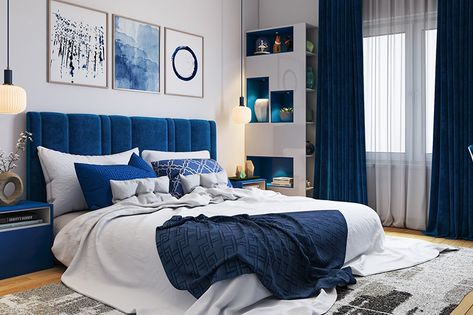 Bedroom colour combination with white painted walls and classic blue headboards Colour Combination For Bedroom, Room Color Design, Blue And White Bedroom, Bedroom Guide, Beautiful Bedroom Colors, Blue Headboard, Room Color Combination, Bedroom Color Combination, Blue Bedroom Decor