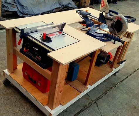 Mobile Workbench With Built-in Table & Miter Saws Officine In Garage, Table Saw Workbench, Workbench Ideas, Garage Workbench, Mobile Workbench, Workbench Plans Diy, Diy Table Saw, Tool Bench, Work Benches