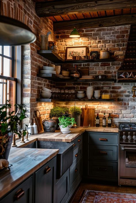 Revitalize your outdated kitchen into a charming farmhouse oasis. Explore renovation ideas that breathe new life into your space, incorporating rustic Brick Wall Kitchen Ideas, Brick Wall Dining Room, Brick Kitchen Ideas, Farmhouse Kitchen Renovation, Exposed Brick Kitchen, Kitchen With Open Shelving, Brick Wall Kitchen, Old Farmhouse Kitchen, Outdated Kitchen