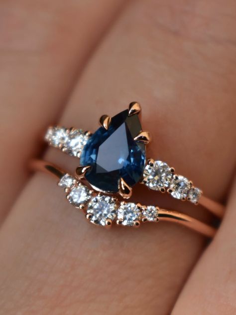 Teal Blue Sapphire Engagement Ring Set 14K Rose Gold Natural Teal Blue Sapphire 1.1-1.3 Ct Natural Diamonds 0.24 Ctw - Etsy Diamond And Sapphire Engagement Rings, Wedding Ring Inspo Unique, Deep Blue Engagement Ring, Colored Stone Wedding Rings, Pear Shaped Sapphire Engagement Rings, Blue Sapphire Engagement Ring Vintage, Colour Engagement Ring, Saphire Engament Ring Gold Band, Saphire Engament Ring Set Silver