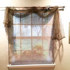 Fishing pole curtain rod, fish net curtains, fishing bedroom decor, fishing shack, fishing hut, fishing theme Fishing Bedroom Decor, Fishing Bedroom, Fish Bathroom, Traditional Curtains, Fishing Shack, Deco Marine, Fishing Room, Beach Theme Bathroom, Lake Decor