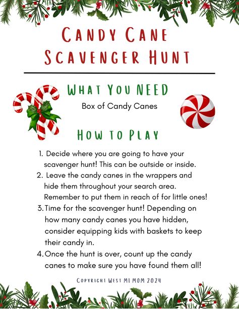 Turn a winter day into a magical adventure with this free Candy Cane Scavenger Hunt! Quick to set up and perfect for getting the kids outside, this fun holiday activity will have them hunting for candy canes and making joyful memories.

Pin now to download your free scavenger hunt guide and add some holiday magic to your family time! 🎅❤️

#CandyCaneHunt #ChristmasFun #FreeDownload #HolidayActivities #FamilyTraditions #OutdoorPlay #ScavengerHunt #PrintableActivity Candy Cane Hunt, Candy Cane Scavenger Hunt, Magical Adventure, Free Candy, Holiday Magic, Holiday Activities, Candy Boxes, Candy Canes, Printable Activities