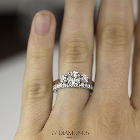 Our Roma engagement ring set with a round diamond and an eternity band as wedding band. Trilogy Rings, Expensive Wedding Rings, Big Wedding Rings, Cheap Wedding Rings, Trilogy Engagement Ring, Mayfair London, Cute Engagement Rings, Boda Mexicana, Wedding Rings Round